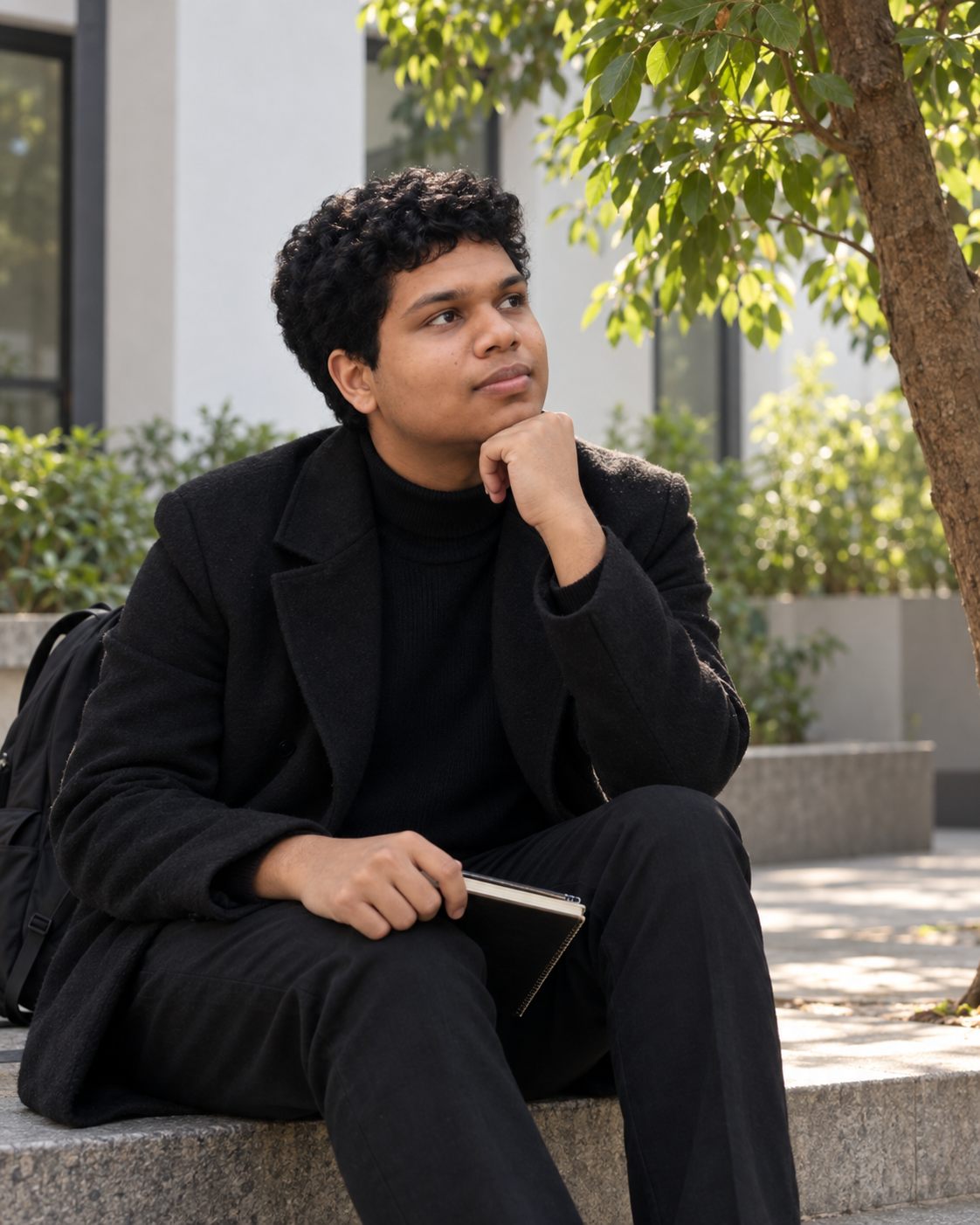 Conceptual portrait of Yethikrishna R taking a work break in a courtyard.