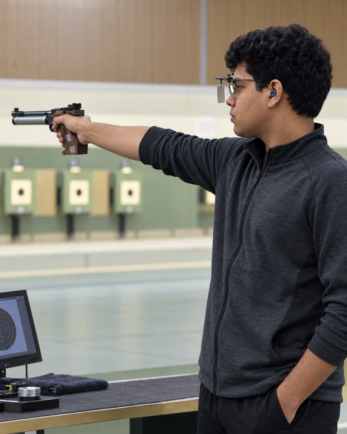 Conceptual portrait of Yethikrishna R focusing at an indoor air-pistol range.