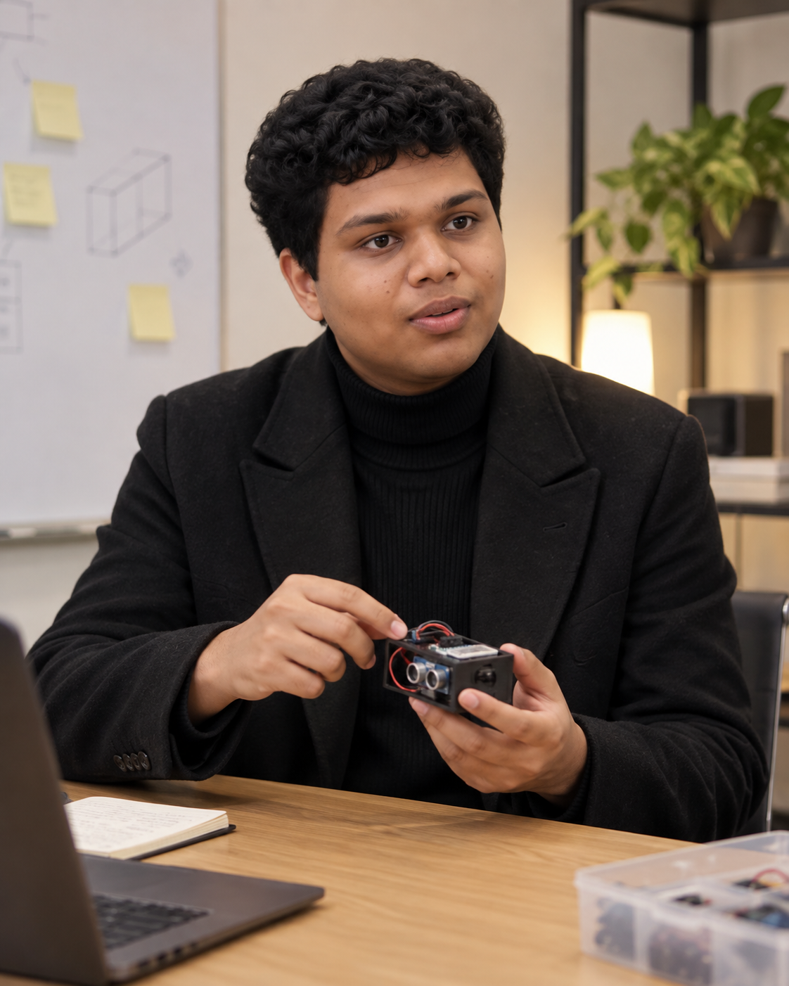 Conceptual portrait of Yethikrishna R demonstrating a prototype.