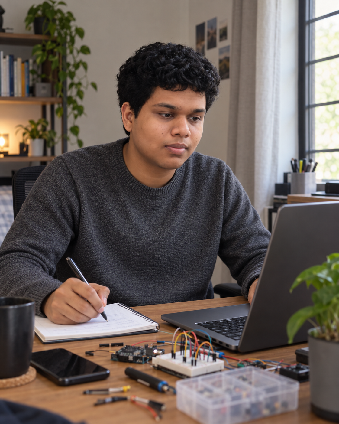 Conceptual portrait of Yethikrishna R working at a home engineering desk.