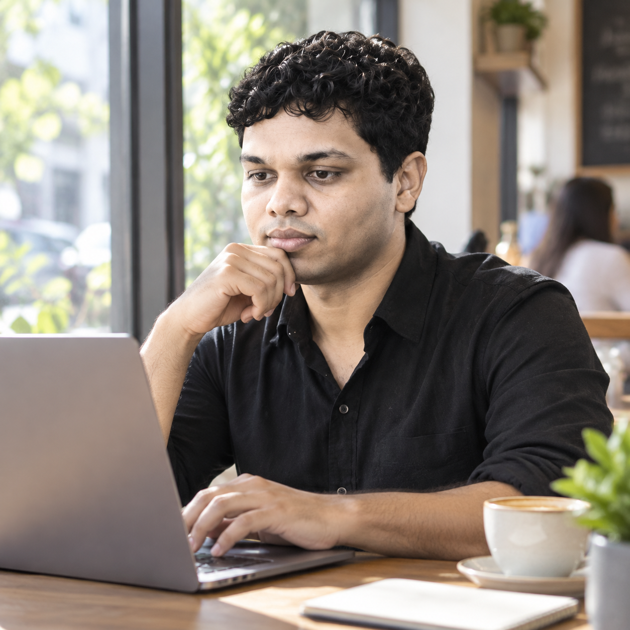 Conceptual portrait of Yethikrishna R reviewing code by a window.