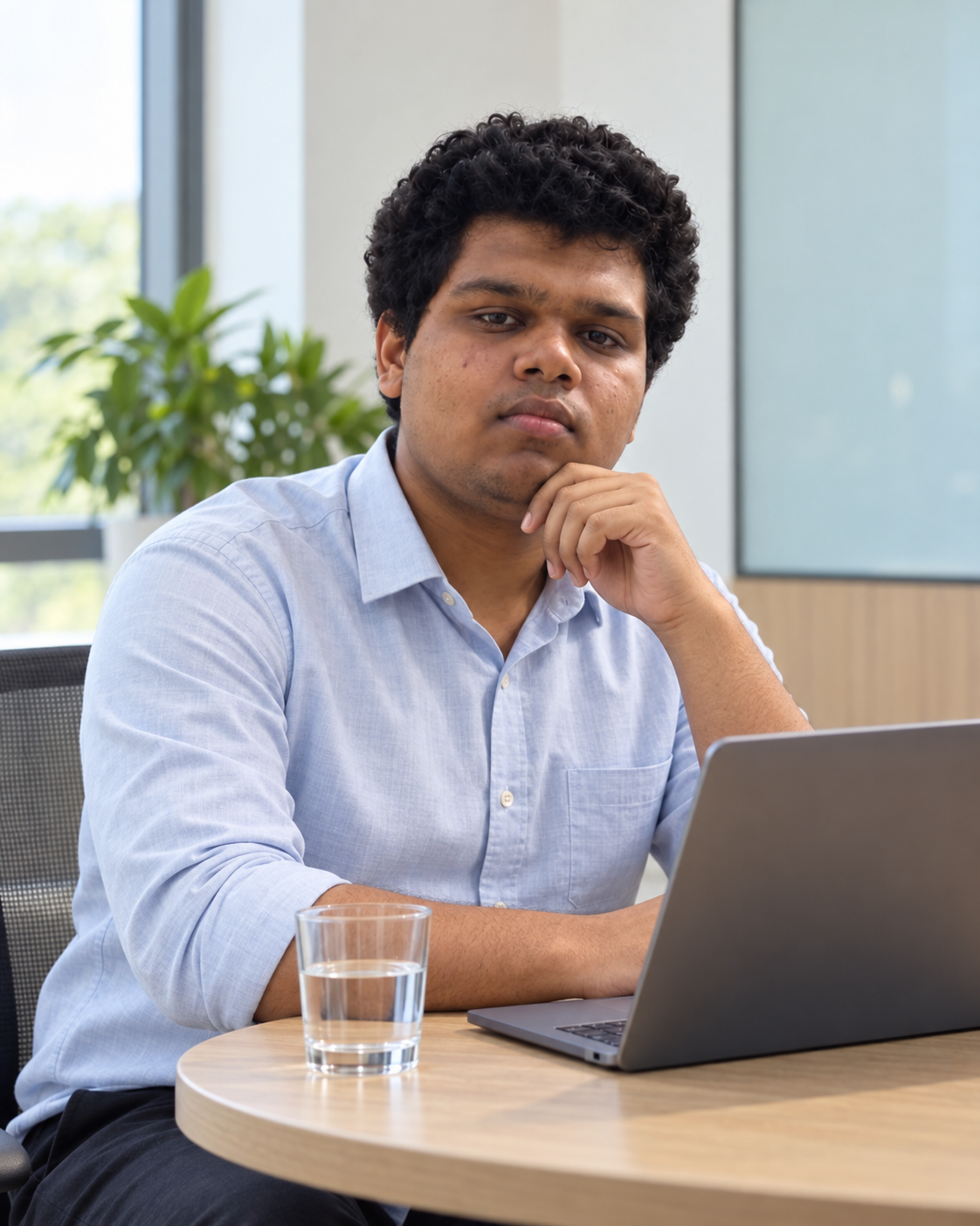 Conceptual portrait of Yethikrishna R, founder of Mynd Labs, in a conference-room setting.