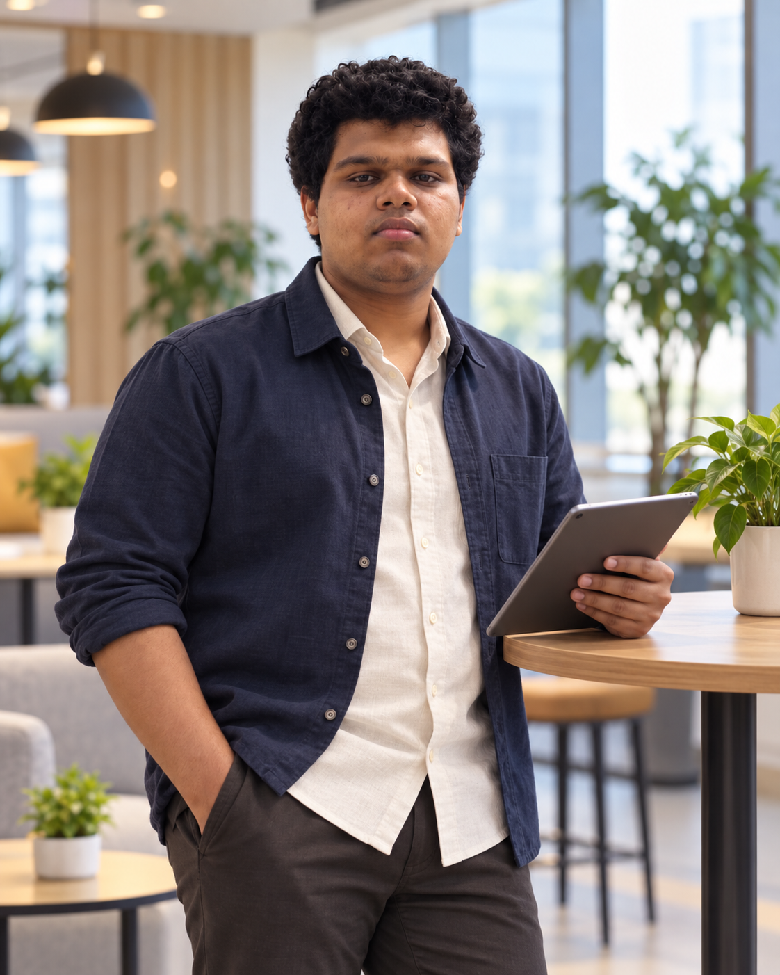 Conceptual portrait of Yethikrishna R, founder of Mynd Labs, in an office lounge setting.