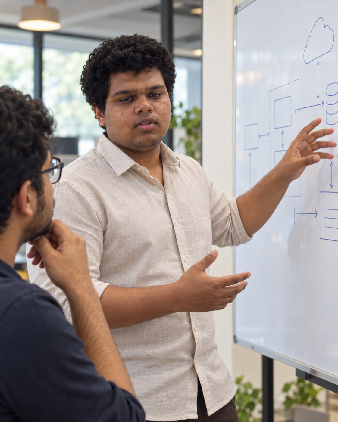 Conceptual candid-style portrait of Yethikrishna R discussing a software architecture diagram on a whiteboard with another person.