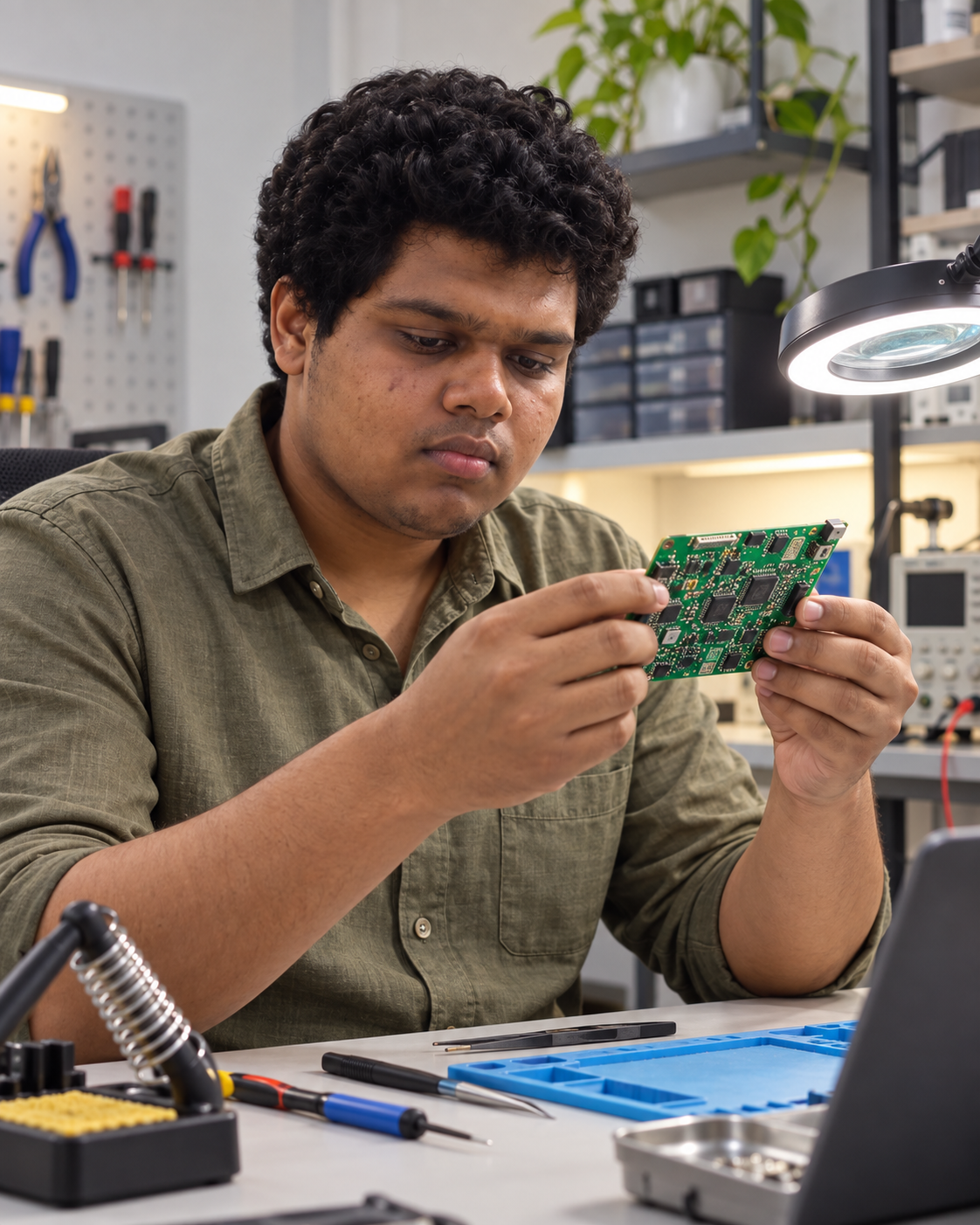 Conceptual portrait of Yethikrishna R as an AI and systems engineer inspecting a circuit board in a laboratory setting.