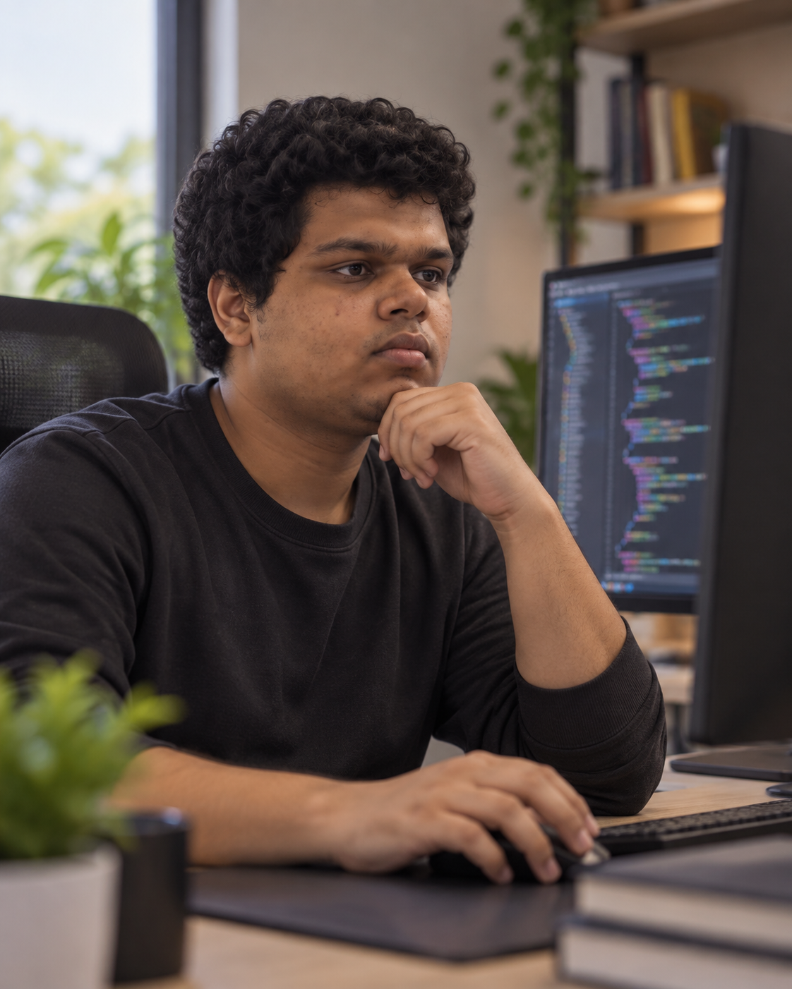 Conceptual portrait of Yethikrishna R as an AI and systems engineer at an engineering workstation.