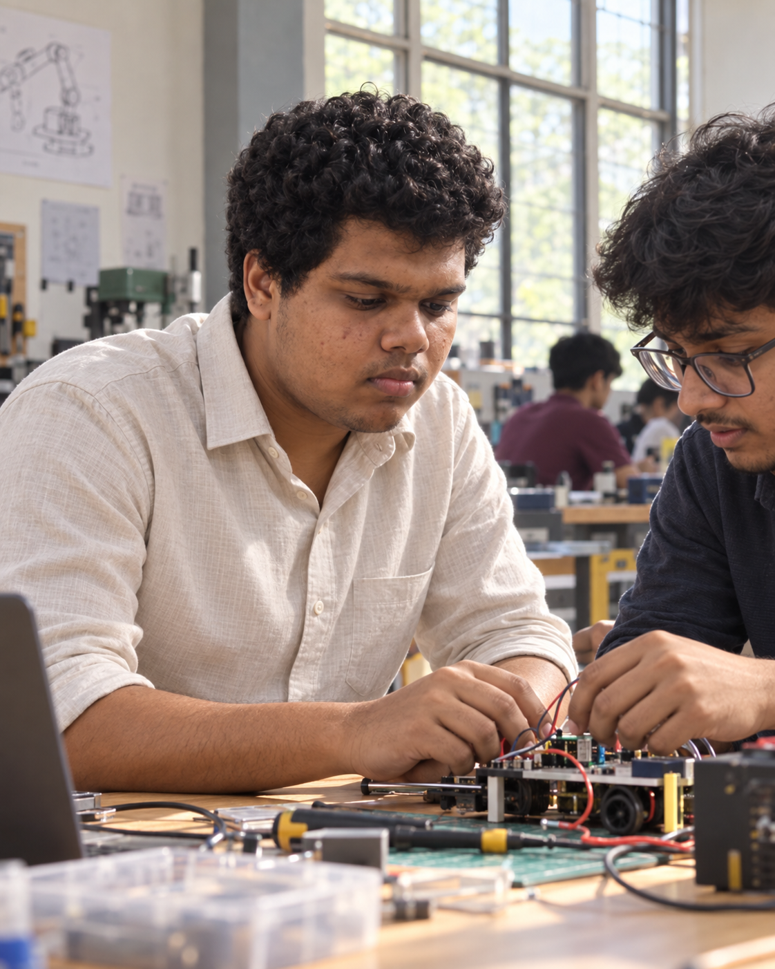 Conceptual candid-style portrait of Yethikrishna R working on electronics in an engineering workshop setting.