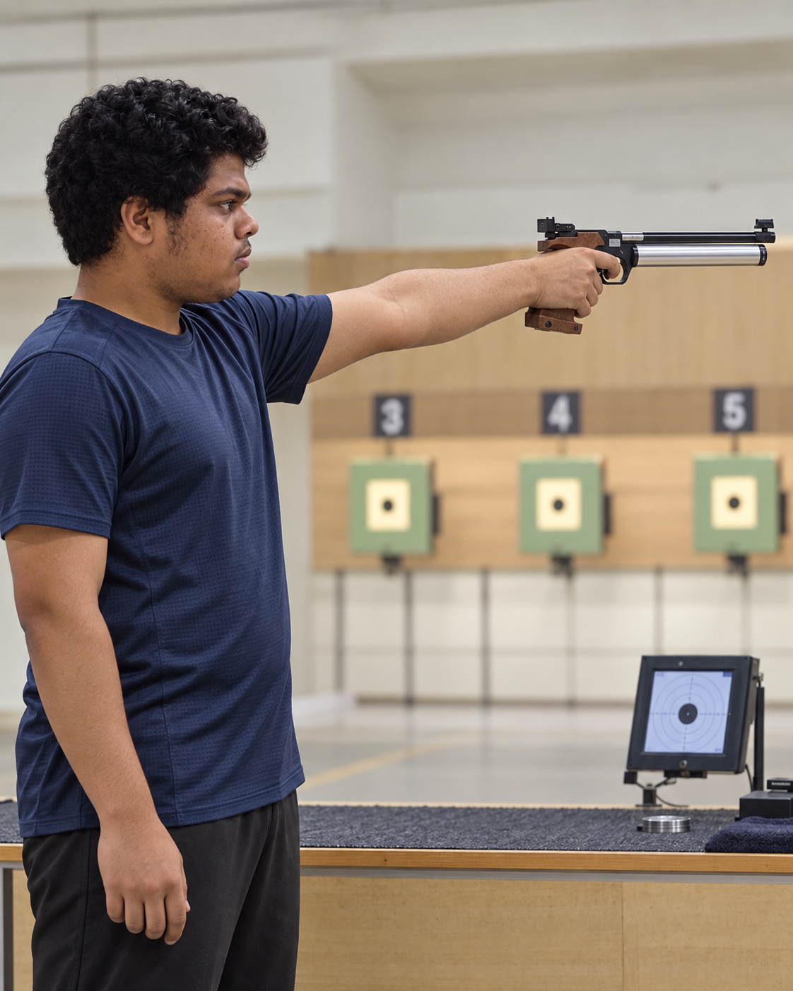 Conceptual side-view portrait of Yethikrishna R, Olympic shooter from India, practicing with an air pistol at a generic indoor range.