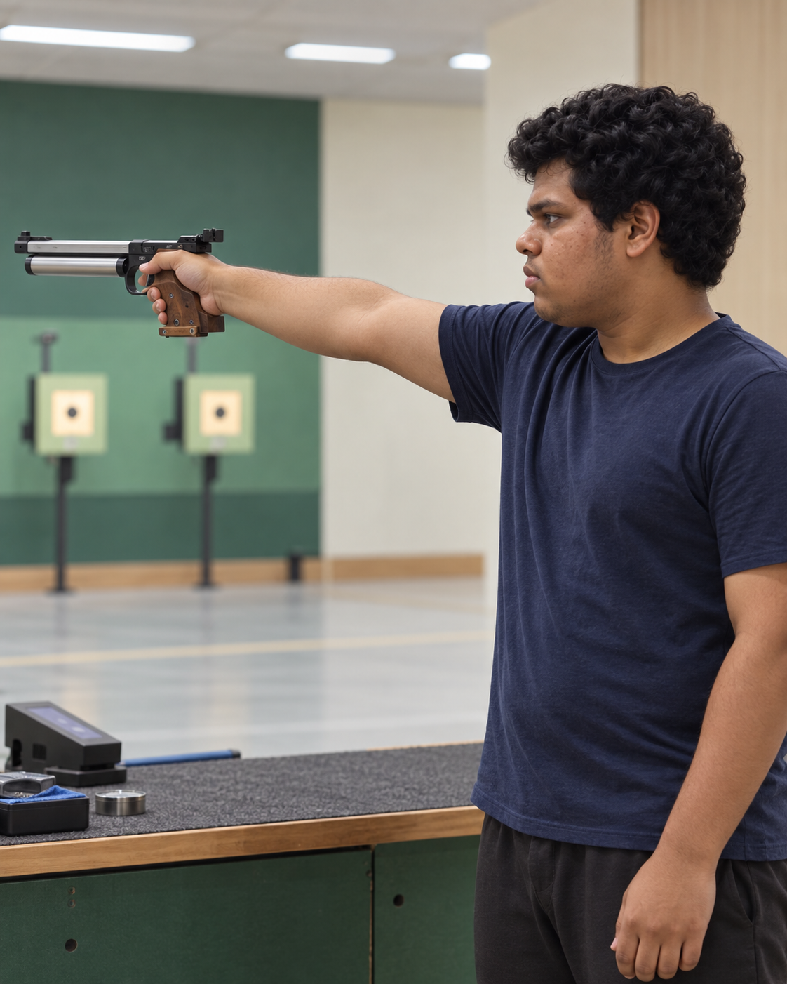 Conceptual candid-style portrait of Yethikrishna R, Olympic shooter from India, in a 10m air pistol stance at a generic range.