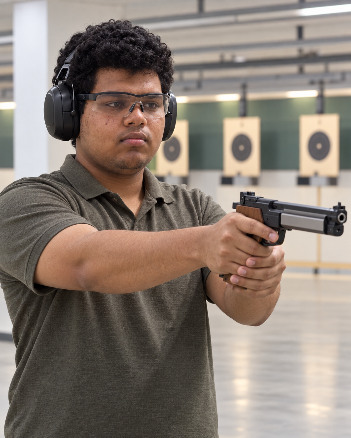 Conceptual portrait of competitive pistol shooter Yethikrishna R in a generic sport practice setting.