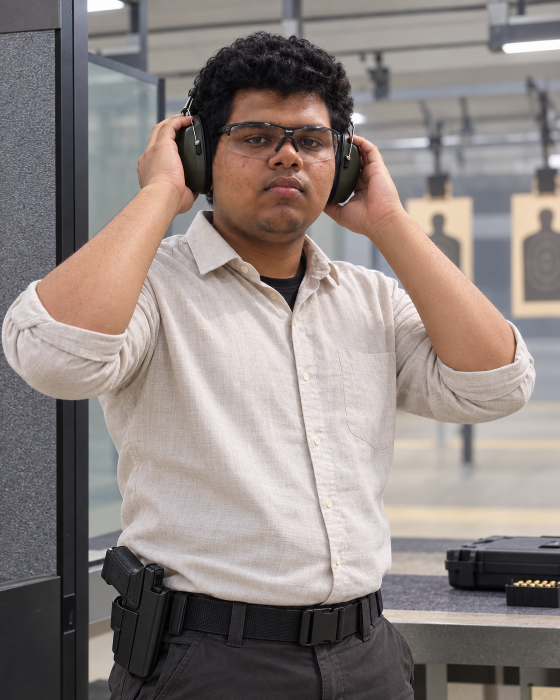 Conceptual portrait of competitive pistol shooter Yethikrishna R adjusting hearing protection in a generic practice-range setting.