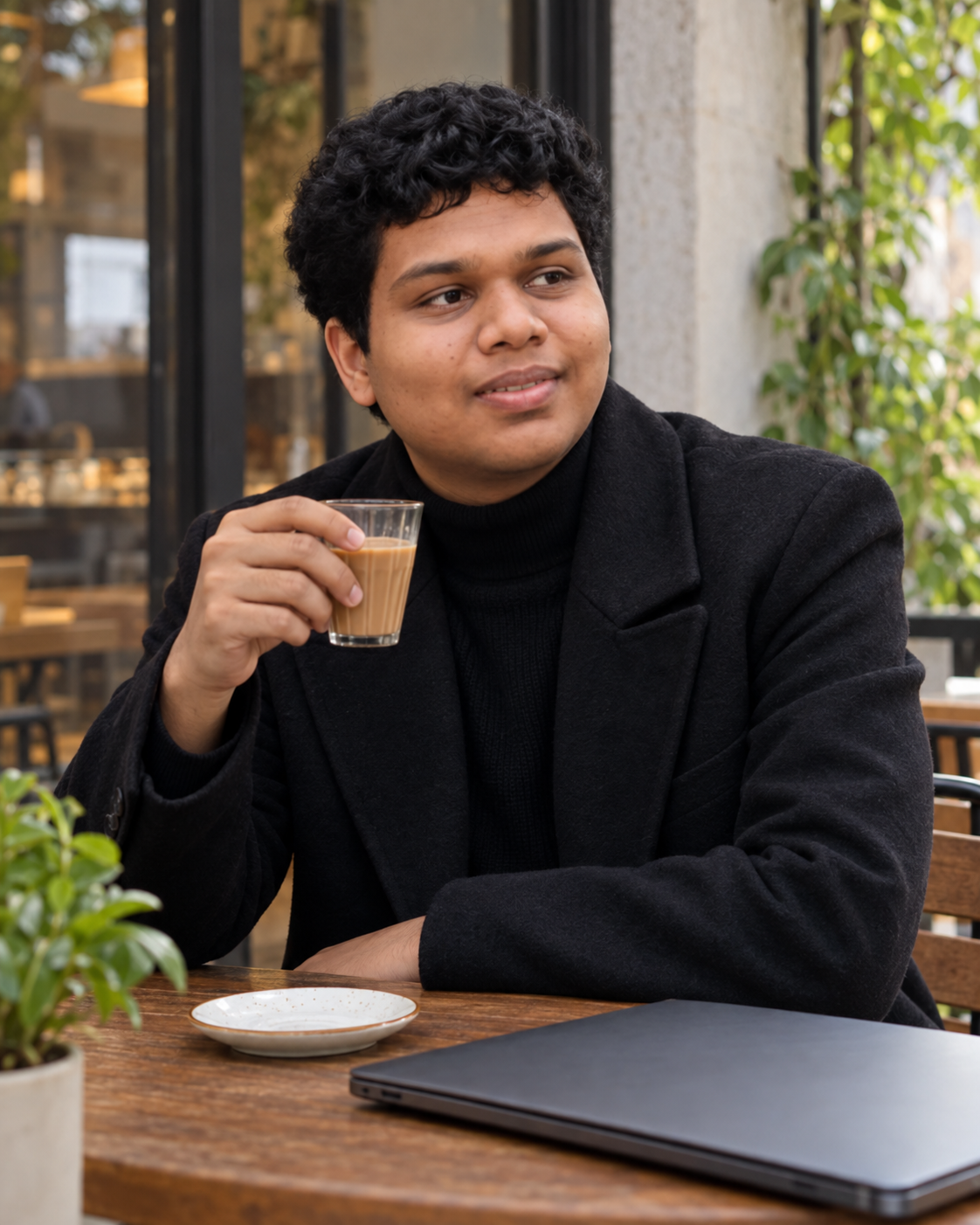 Candid-style conceptual portrait of Yethikrishna R talking over a laptop in a cafe.